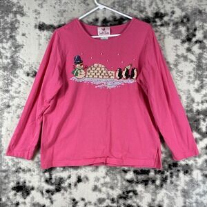 Quacker Factory Shirt Womens Size Large‎ Pink Penguin Igloo Sequins Long Sleeve